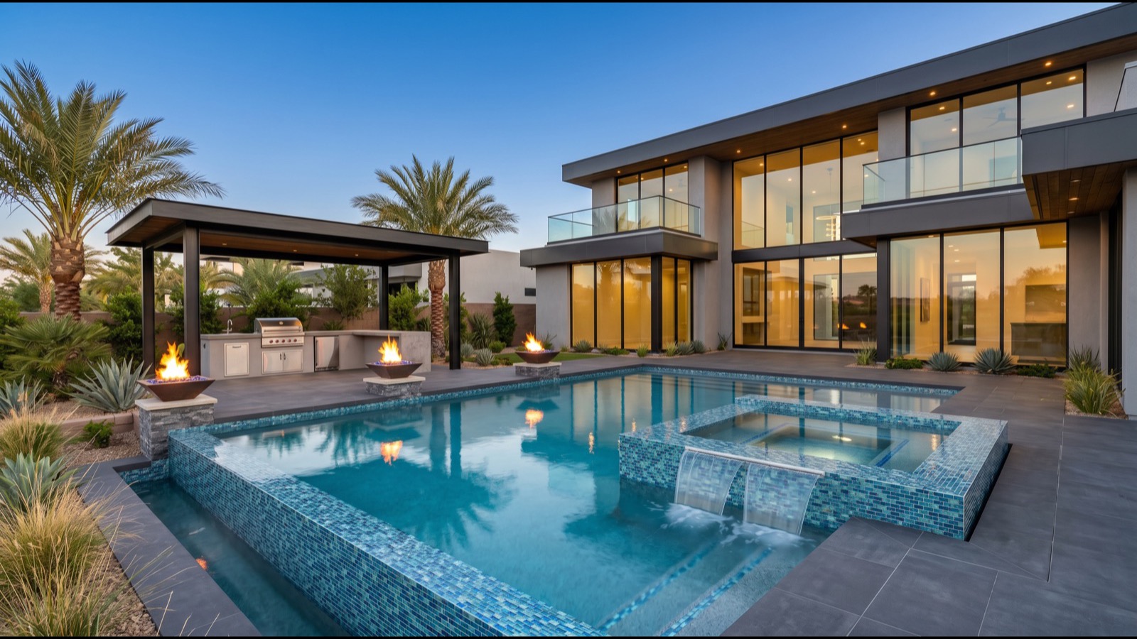 Desert Shores Las Vegas Beach Club amenity with palm trees, resort-style pool, and desert landscaping demonstrating water-smart community design